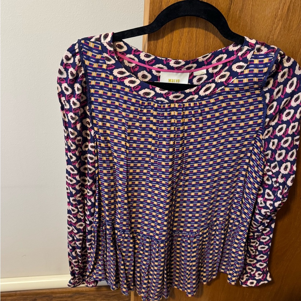 Anthropologie Maeve Blue and Pink Patterned Blouse